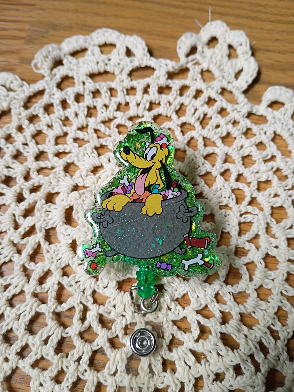 Pluto Halloween DisneyGreen Glitter Badge Reel - Disney-Inspired